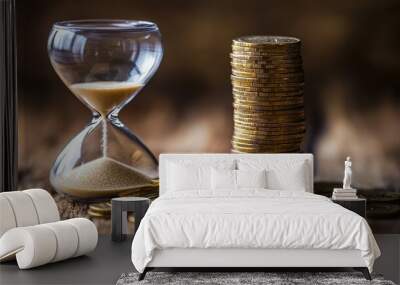 Hourglass with coins scattered on a wooden table. Time for saving concept Wall mural