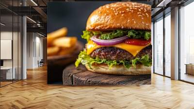 Tasty cheeseburger and fries on wooden board. Food delivery concept Wall mural