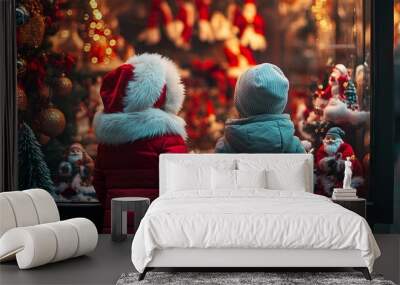 Two young children admiring a festive Christmas display in winter coats Wall mural