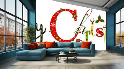 December holidays month Merry Christmas vector with gifts flowers and leaves. Decoration text floral. Decoration letters, Illustration Merry Christmas celebration Wall mural