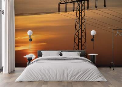 Power line and wind generator at early morning Wall mural