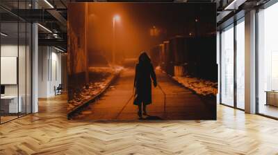 silhouette of a young woman in a foggy night winter city Wall mural