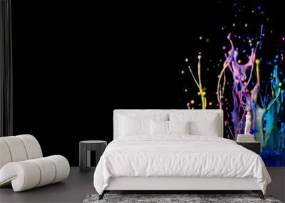 Splash of color  paint on black background banner. Abstract sculptures of colorful splashes of paint. Dancing liquid on a black background. Ink water splash. Color explosion. Wall mural