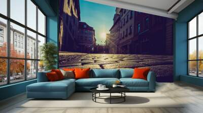 sunrise in the city on the street with paving stones Wall mural