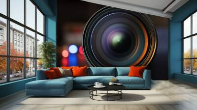 The photo or videocamera lens on dark background with lense reflections Wall mural