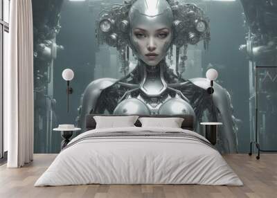 A woman with a robot face and a face painted in silver. Science Fiction Beautiful Humanoid Cyborg Woman . Video Game Character Digital Artwork Wall mural