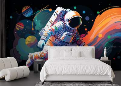 Astronaut explores space being desert planet. Astronaut space suit performing extra cosmic activity space against stars and planets background. Human space flight. Modern vector illustration Wall mural