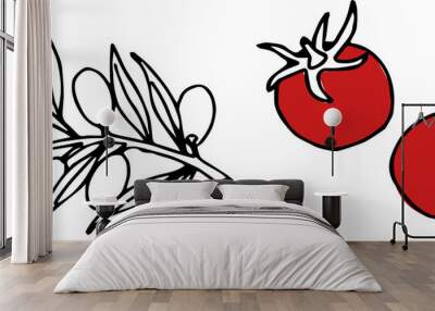 Continuous one line drawing of two tomatoes and an olive branch. Vector illustration Wall mural