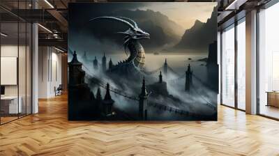 Fantasy evil dragon portrait. Surreal artwork of danger dragon from medieval mythology Wall mural