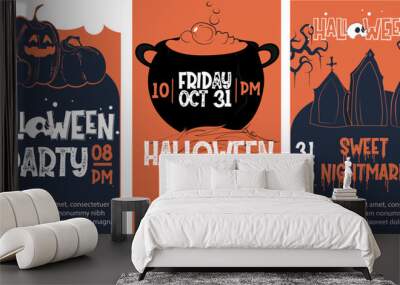 Happy Halloween banner or party invitation background with night clouds and pumpkins. Vector illustration. Full moon in the sky, spiders web and flying bats. Place for text Wall mural