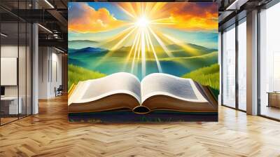 bible illustration open book landscape art paradise sun light prayer jesus god divine nature background sky clouds faith religion dream christmas easter gerernative ai Wall mural