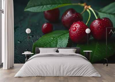 Cherries with leaf in closeup Wall mural