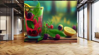 Berry lemonade cocktail with tropical fruits on the background of green grass and garden or forest. Vacation summer concept. Ai generative. Wall mural