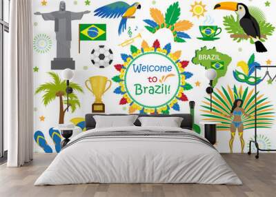 Brazilian carnival icons flat style. Brazil country travel tourism. Collection of design elements, culture symbols with toucan, parrot, rio de jeneiro monument, carnival costume. Vector illustration Wall mural