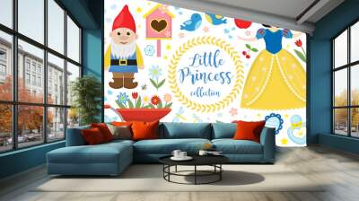 Cute fairytale princess snow white set objects. Collection design element with a little pretty girl, gnome, apple, flowers, birds. Kids baby clip art funny smiling character. Vector illustration Wall mural