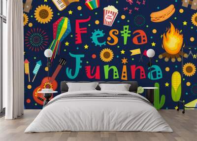 Festa Junina seamless pattern. Brazilian Latin American festival endless background. Repeating texture with traditional symbols. Vector illustration Wall mural