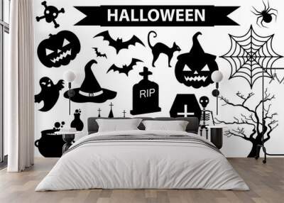 Happy Halloween icons set, black silhouette style. Isolated on white background. Halloween collection of design elements with pumpkin,  spider, zombie, skull, coffin, bat. Vector illustration Wall mural