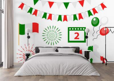 Happy Italy independence day icons set. festa della repubblica flag, bunting, map, fireworks. Vector illustration Wall mural