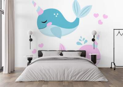 Little whale unicorn set, modern cartoon style. Vector illustration Wall mural