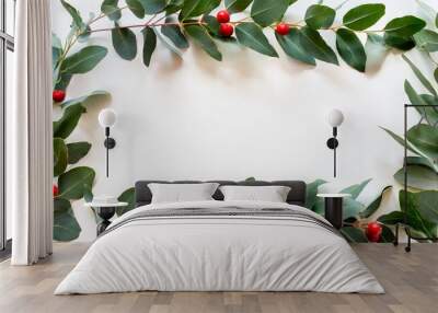 frame borders made of eucalyptus populus leaves with fruits in the form of berries on white background flat lay top view floral concept Wall mural