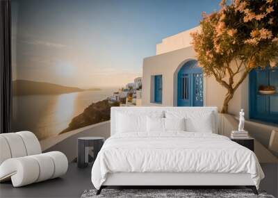 mediterranean style white elegant house exterior with sea view blue door and blooming plant climbing a wall modern greek architecture traditional villa of santorini generative ai human enhanced Wall mural