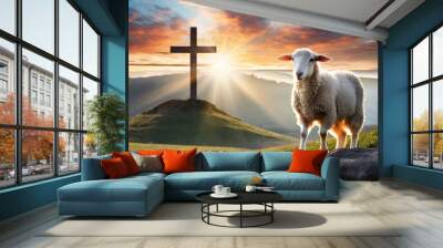 resurrection of jesus christ concept god lamb in front of the cross of jesus christ on sunrise background Wall mural