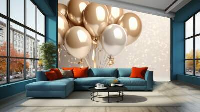 set of 3d render isolated balloons on ribbons realistic decoration background for birthday anniversary wedding holiday promotion banners white and gold glitter color composition Wall mural