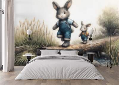 cartoon two happy bunnies father and son are balancing on a fallen log over a stream, fantasy charcoal sketch whimsical watercolor and ink, Wall mural