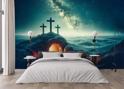 Three crosses on the hill, Jesus tomb hewn out of the rock, sealed with a large stone , clouds on the starry sky. Easter, resurrection, new life, redemption concept Wall mural