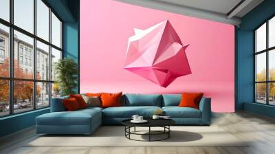 3D abstract geometric shapes floating in the solid pink color background. Wall mural