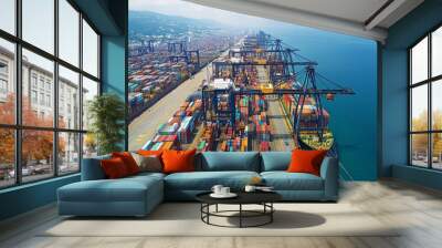 A bustling dock with cranes lifting and moving containers onto and off of cargo ships, illustrating the process of cargo handling and logistics Wall mural