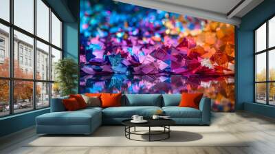 A close-up of multicolored confetti pieces on a reflective surface Wall mural