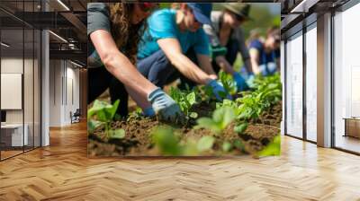 A community garden event with workshops on gardening techniques and sustainable practices, attended by enthusiastic participants Wall mural