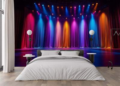 A grand stage with heavy curtains illuminated by vibrant, colorful stage lights, creating a warm and inviting atmosphere Wall mural