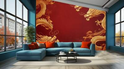 A luxurious background with golden Chinese dragon motifs swirling against a deep red backdrop, symbolizing wealth and prosperity Wall mural