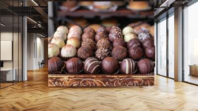 A luxurious display of chocolate truffles in assorted flavors and coatings, elegantly placed in a decorative box with a bakery backdrop Wall mural