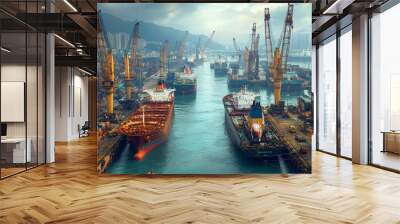 A panoramic view of a busy harbor with multiple ships docked, towering cranes, and the expanse of water, capturing the scale and activity of the port Wall mural