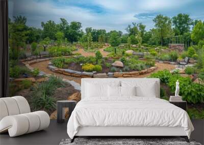 A panoramic view of a well organized community garden, with diverse plants, walking paths, and seating areas for relaxation Wall mural