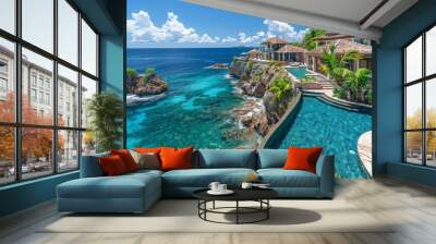 A picturesque island resort with multiple infinity pools overlooking the ocean Wall mural