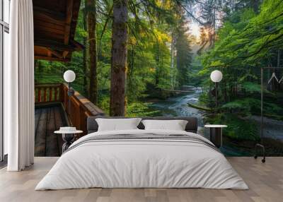 A tranquil forest with a river running through it, viewed from a balcony of a cabin in the woods Wall mural