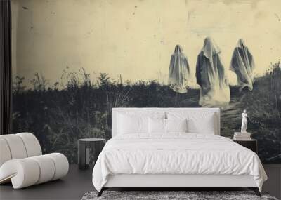 A vintage black-and-white Halloween photo with ghostly figures, leaving plenty of space on the right for a message Wall mural