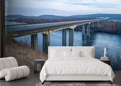 An expansive highway bridge crossing over a river, surrounded by nature and no signs of human activity Wall mural