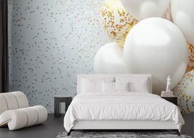 Elegant gold and white balloons on the right, surrounded by shimmering confetti, with a clean, free space on the left for text Wall mural