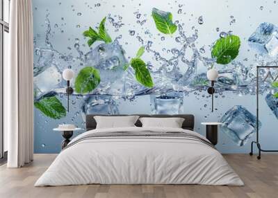 ice cubes and mint leaves float in the air on white background with water splash. Wall mural