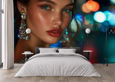 Illustrate the epitome of glamour with a close-up shot of a model adorned in glittering jewels and a sleek evening dress, exuding confidence and allure under the glow of city lights. Wall mural