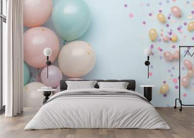 Muted pastel-colored balloons positioned on the left side, with scattered confetti, and an open space on the right for a message or design Wall mural