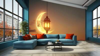 ramadan eid mubarak simple minimalist background. shinny crescent moon and hanging lantern in sky at sunset time for iftar. Wall mural