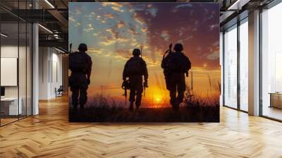 silhouette of soldiers in the sunset. on the battlefield ground war. Wall mural