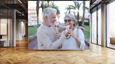 Cheerful retired couple having fun eating ice cream cone in the park. Joyful elderly lifestyle concept. Two white-haired seniors enjoying a sweet fresh dessert Wall mural