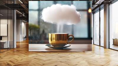 Cloud-Shaped Steam Rising from Golden Cup on Wooden Table Wall mural